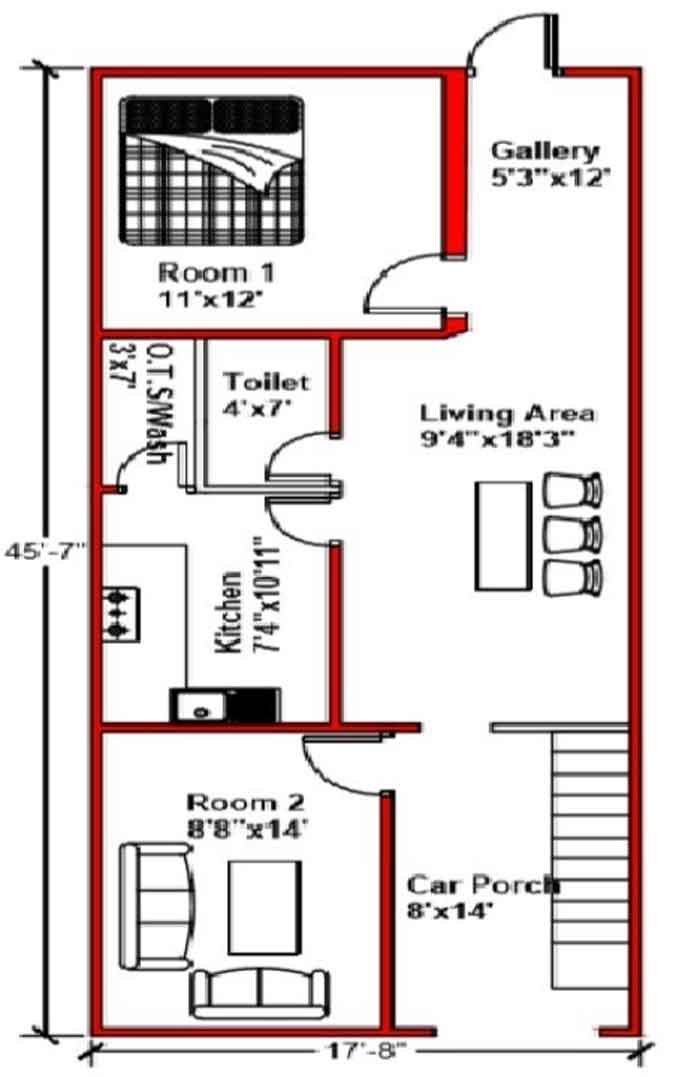 17 By 45 Feet 85 Square Yards House Plan Design