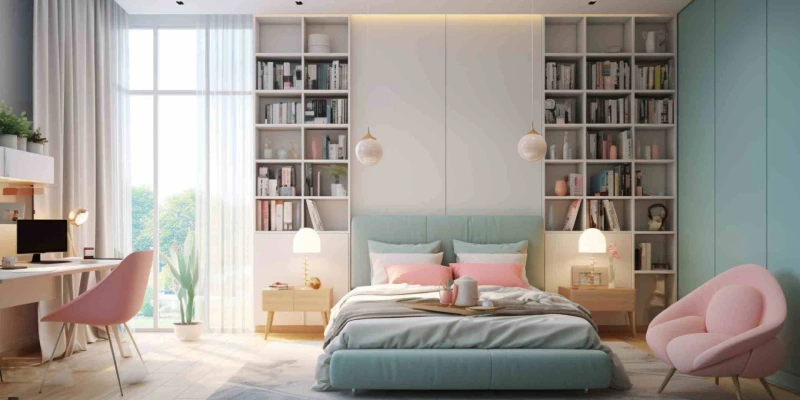 Soothing bedroom idea with bookshelf