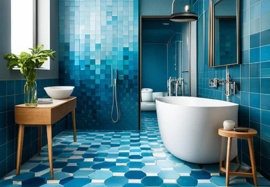 Generate single title from this title Current Toilet Tiles Design in Blue, Beige, and White in 70 -100 characters. And it should return solely title i dont need any additional data or introductory textual content with title e.g: ” Here’s a single title:”