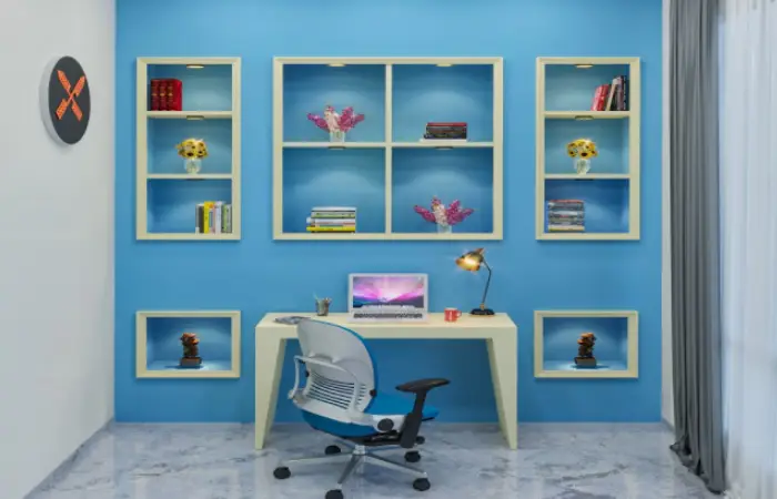 Home office design with teak study table and blue wall