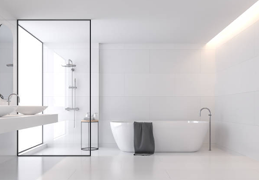 Generate single title from this title Minimal Rest room Design – White Tiles & Elegant Glass Partition in 70 -100 characters. And it should return solely title i dont need any additional data or introductory textual content with title e.g: ” Here’s a single title:”