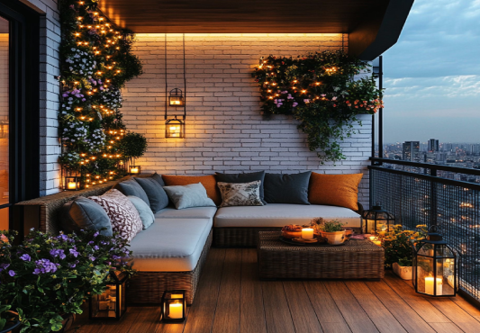 Generate single title from this title Rustic Balcony Design with Rattan Wall Décor in 70 -100 characters. And it should return solely title i dont need any additional data or introductory textual content with title e.g: ” Here’s a single title:”