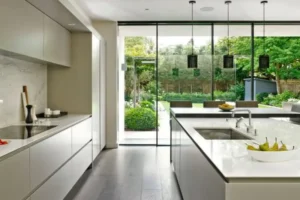 Island kitchen designs with glass wall units